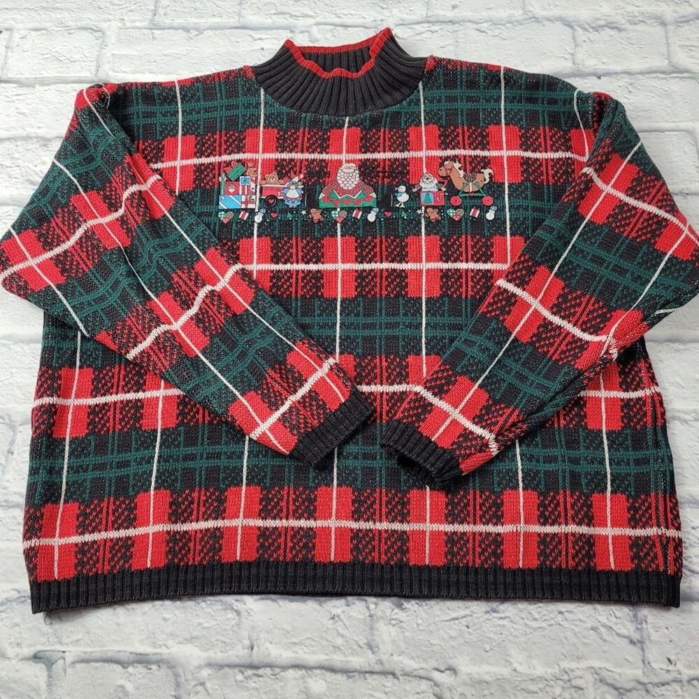 Vintage Rebel Holiday Red & Green Plaid Mockneck Sweater with Toy Design Medium